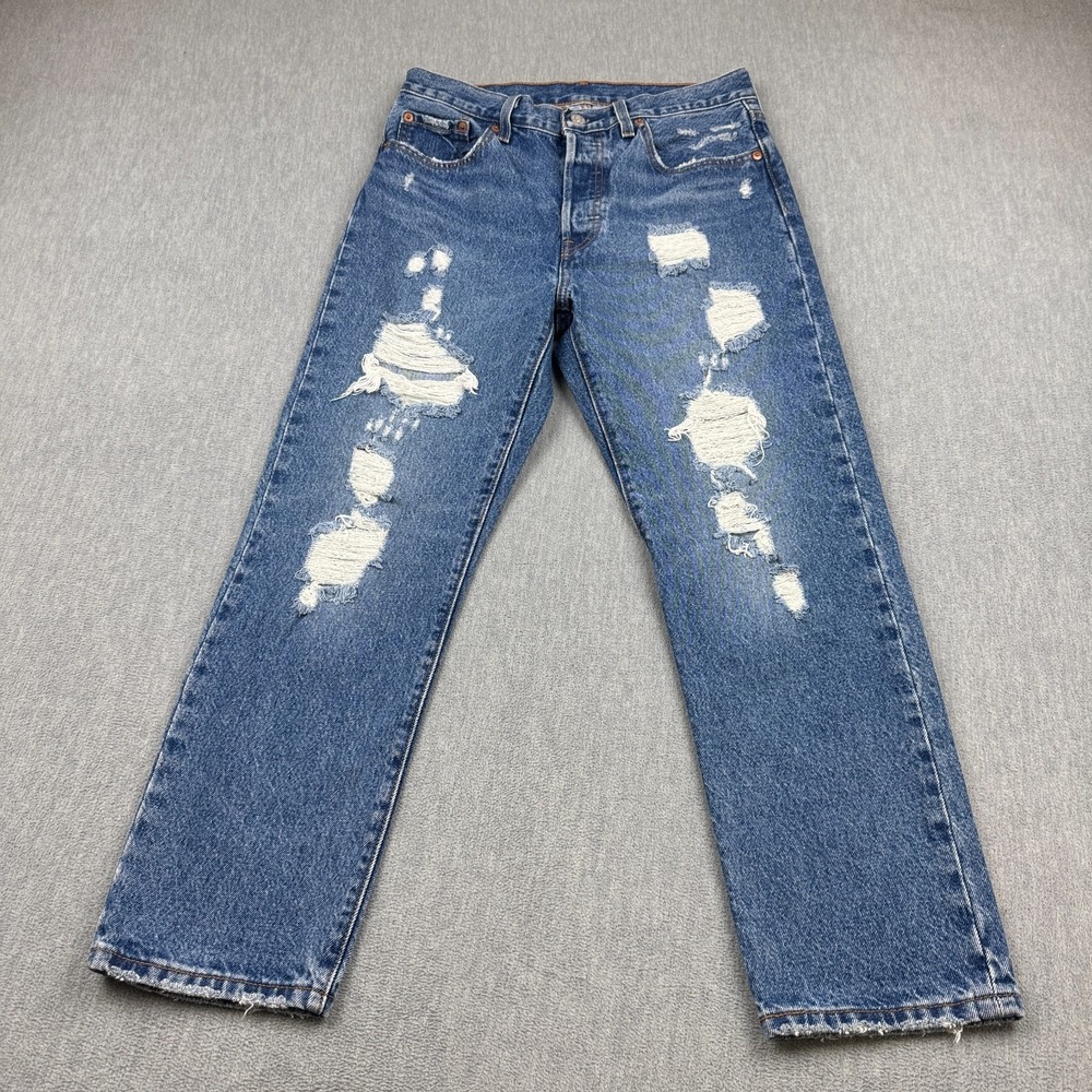Levis 501 Jeans Womens 28X26 Blue Button Fly Straight Leg Classic Fit Distress - Picture 1 of 15